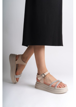 ZLOHE Kalın Tokalı Taşlı Şeritli Ortopedik Taban Kadın Sandalet  CKT - Krem