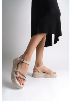 ZLOHE Kalın Tokalı Taşlı Şeritli Ortopedik Taban Kadın Sandalet  CKT - Krem