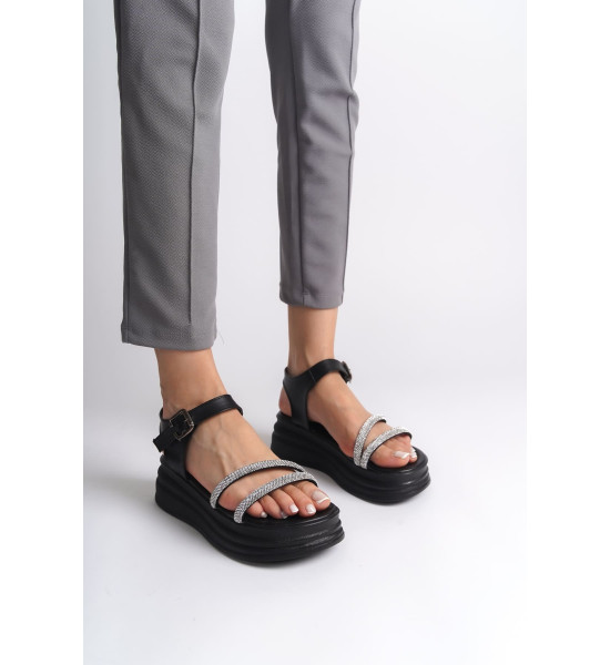 ALC Collection ZLOHE Kalın Tokalı Taşlı Şeritli Ortopedik Taban Kadın Sandalet  CST - Siyah