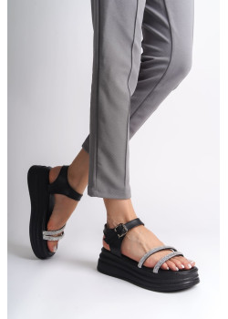 ZLOHE Kalın Tokalı Taşlı Şeritli Ortopedik Taban Kadın Sandalet  CST - Siyah