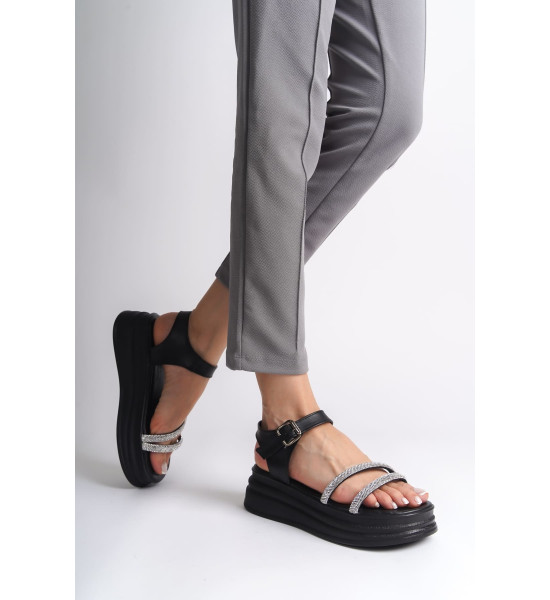 ALC Collection ZLOHE Kalın Tokalı Taşlı Şeritli Ortopedik Taban Kadın Sandalet  CST - Siyah