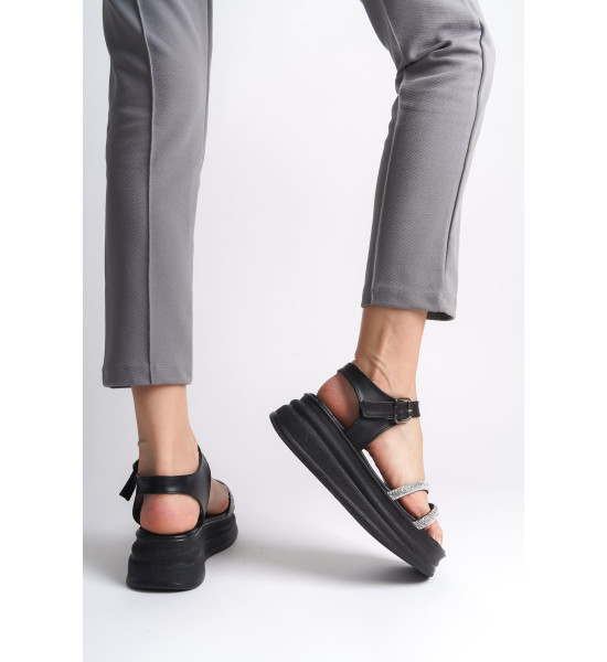 ALC Collection ZLOHE Kalın Tokalı Taşlı Şeritli Ortopedik Taban Kadın Sandalet  CST - Siyah