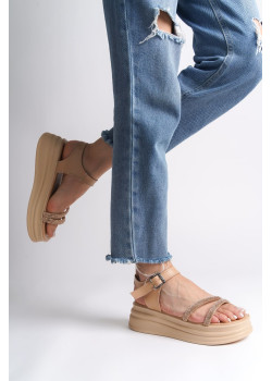 ZLOHE Kalın Tokalı Taşlı Şeritli Ortopedik Taban Kadın Sandalet CTT - Ten