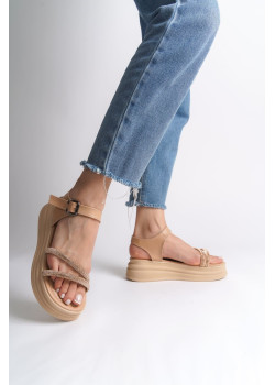 ZLOHE Kalın Tokalı Taşlı Şeritli Ortopedik Taban Kadın Sandalet CTT - Ten