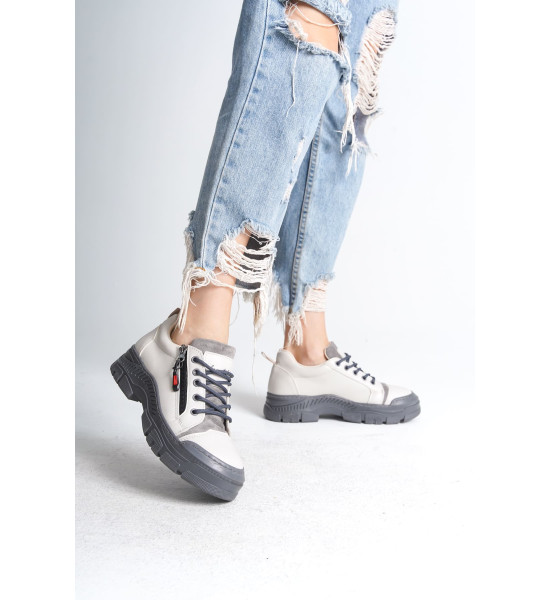 ALC Collection AGATHA Bağcıklı Fermuarlı Ortopedik Taban Kadın Sneaker Spor Ayakkabı CGT - Krem