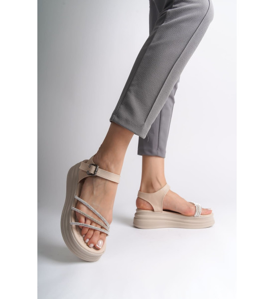 ALC Collection EVA Kalın Tokalı Taşlı Şeritli Ortopedik Taban Kadın Sandalet  CKT - Krem