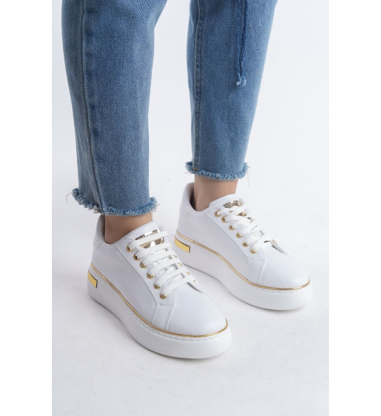 ALC Collection MINA Bağcıklı Ortopedik Taban Kadın Sneaker Spor Ayakkabı CBT - Beyaz/Altın