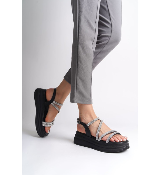 ALC Collection RILEY İnce Tokalı Taşlı Şeritli Ortopedik Taban Kadın Sandalet  CST - Siyah