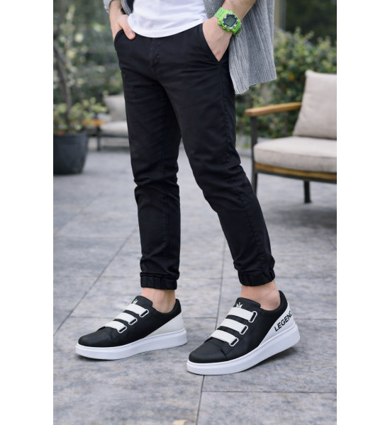 ALC Collection JY029 Mono Bağcıksız 3 Bantlı Lastikli Legend Cilt Erkek Günlük Sneaker Ayakkabı CBT - Siyah/Beyaz
