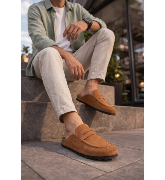 ALC Collection JY0456 Rayn Bağcıksız Hakiki Süet Deri Erkek Günlük Mantar Taban Loafer Klasik Ayakkabı HDMT - Taba