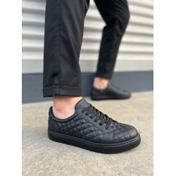 JY166 Prestige Bağcıklı Cilt Kapitone Desenli Erkek Günlük Sneaker Ayakkabı CST - Siyah