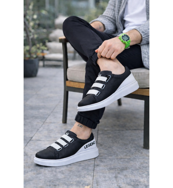 ALC Collection JY029 Mono Bağcıksız 3 Bantlı Lastikli Legend Cilt Erkek Günlük Sneaker Ayakkabı CBT - Siyah/Beyaz