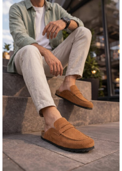 JY0456 Rayn Bağcıksız Hakiki Süet Deri Erkek Günlük Mantar Taban Loafer Klasik Ayakkabı HDMT - Taba