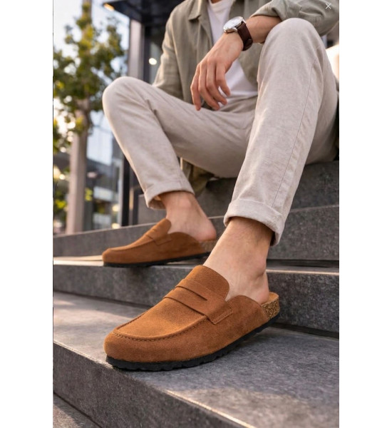 ALC Collection JY0456 Rayn Bağcıksız Hakiki Süet Deri Erkek Günlük Mantar Taban Loafer Klasik Ayakkabı HDMT - Taba