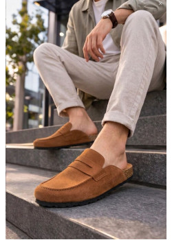 JY0456 Rayn Bağcıksız Hakiki Süet Deri Erkek Günlük Mantar Taban Loafer Klasik Ayakkabı HDMT - Taba