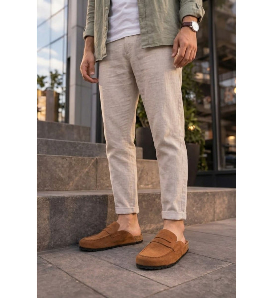ALC Collection JY0456 Rayn Bağcıksız Hakiki Süet Deri Erkek Günlük Mantar Taban Loafer Klasik Ayakkabı HDMT - Taba