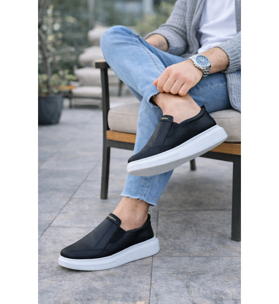 ALC Collection JY049 Ease Bağcıksız Erkek Günlük Cilt Spor Sneaker Ayakkabı CBT - Siyah
