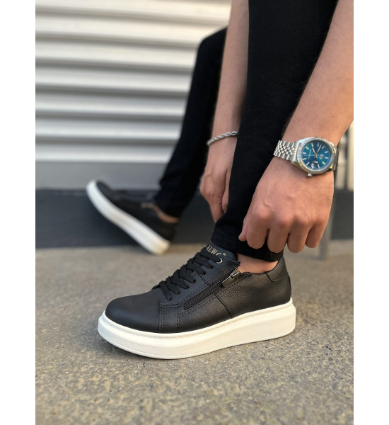 ALC Collection JY155 Warrior Bağcıklı ve Fermuarlı Cilt Erkek Günlük Sneaker Ayakkabı CBT - Siyah