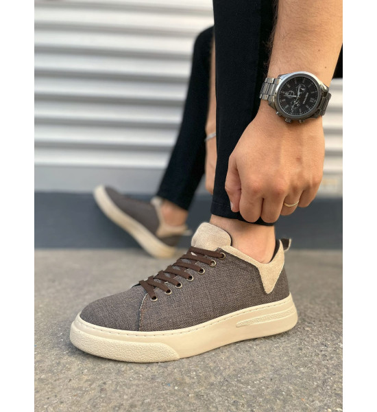 ALC Collection JY204 Flex Bağcıklı Keten Kumaş Erkek Günlük Sneaker Ayakkabı KKT - Kahverengi/Krem
