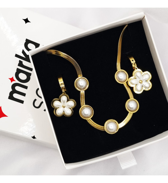 ALC Collection Inci Tasarım Kolye Ve Papatya Tasarım Inci Küpe Set Takım