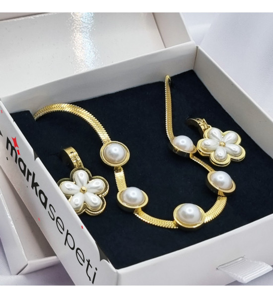 ALC Collection Inci Tasarım Kolye Ve Papatya Tasarım Inci Küpe Set Takım