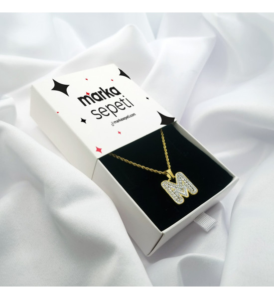 ALC Collection M Harfli Zirkon Taşlı Çelik Zincir Kolye (Altın)