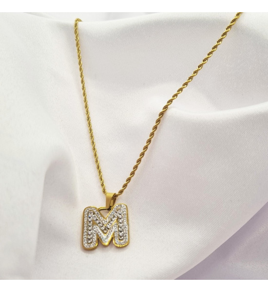 ALC Collection M Harfli Zirkon Taşlı Çelik Zincir Kolye (Altın)