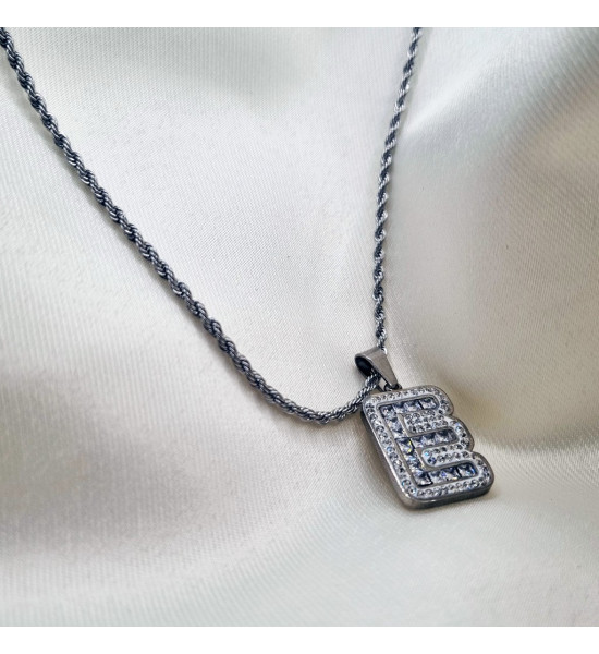 ALC Collection E Harfi Zirkon Taşlı Şık Orijinal Çelik Kolye (Gümüş)