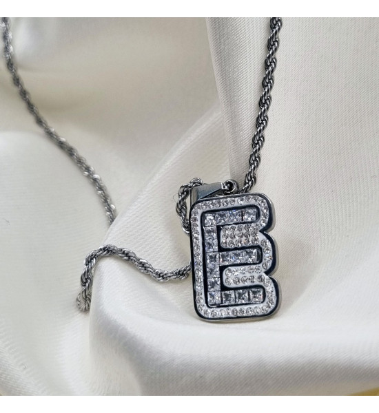 ALC Collection E Harfi Zirkon Taşlı Şık Orijinal Çelik Kolye (Gümüş)