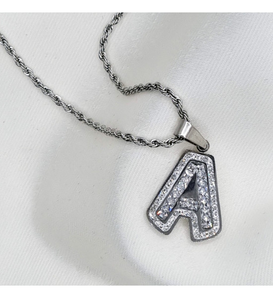 ALC Collection Zirkon Taşlı A Harfli Orijinal Çelik Kadın Kolye (Gümüş)