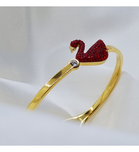 ALC Collection Kırmızı Flamingo Tasarım Zirkon Desenli Gold Renk Kelepçe Çelik Bileklik
