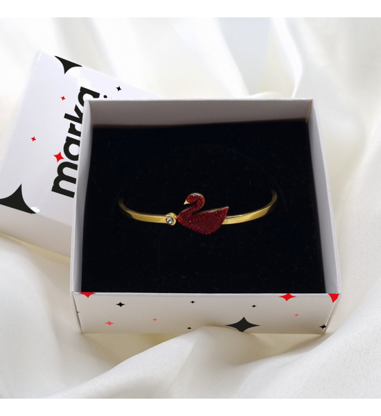 ALC Collection Kırmızı Flamingo Tasarım Zirkon Desenli Gold Renk Kelepçe Çelik Bileklik