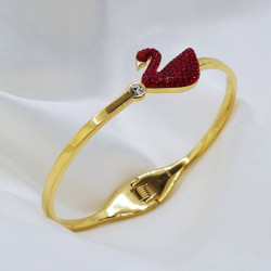 Kırmızı Flamingo Tasarım Zirkon Desenli Gold Renk Kelepçe Çelik Bileklik