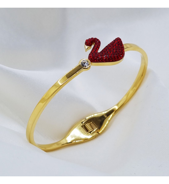 ALC Collection Kırmızı Flamingo Tasarım Zirkon Desenli Gold Renk Kelepçe Çelik Bileklik