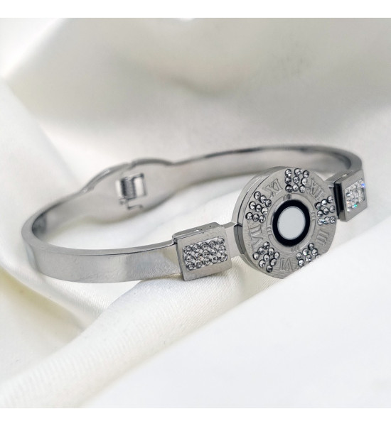 ALC Collection Zirkon Desen Roma Rakamlı Şık Tasarım Kelepçe Çelik Bileklik