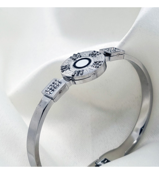 ALC Collection Zirkon Desen Roma Rakamlı Şık Tasarım Kelepçe Çelik Bileklik