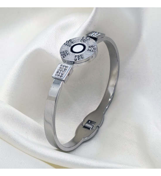 ALC Collection Zirkon Desen Roma Rakamlı Şık Tasarım Kelepçe Çelik Bileklik