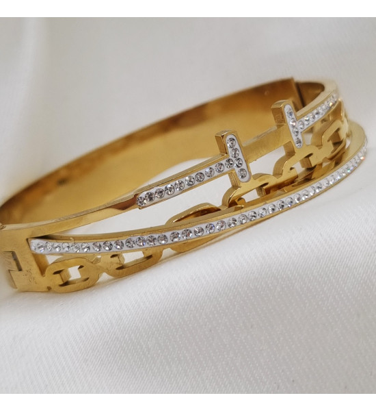 ALC Collection Zirkon Tasarım Desenli Altın Kaplama Kelepçe Çelik Bileklik