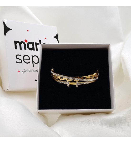 ALC Collection Zirkon Tasarım Desenli Altın Kaplama Kelepçe Çelik Bileklik
