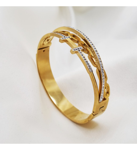 ALC Collection Zirkon Tasarım Desenli Altın Kaplama Kelepçe Çelik Bileklik