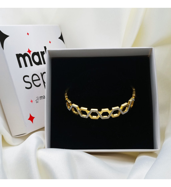 ALC Collection Zincir Halkaları Detaylı Altın Renk Zirkon Tasarım Kelepçe Çelik Bileklik