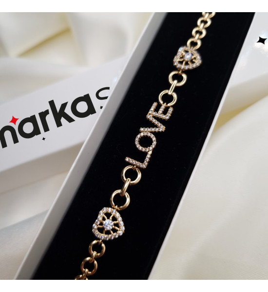 ALC Collection Zincir Tasarım Zirkon Love Yazılı Altın Renk Kadın Bileklik
