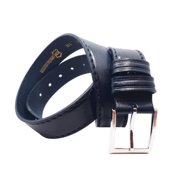 ALC Collection Klasik Lacivert Dikiş Desenli, 3,8 cm Gümüş Tokalı, Deri Kemer