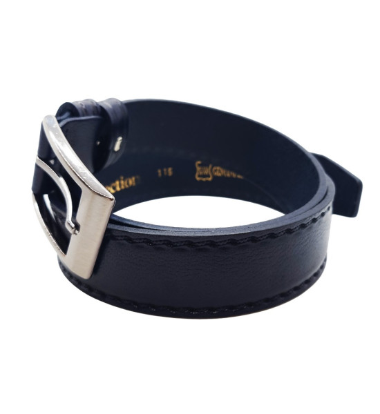 ALC Collection Klasik Lacivert Dikiş Desenli, 3,8 cm Gümüş Tokalı, Deri Kemer