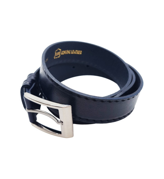 ALC Collection Klasik Lacivert Dikiş Desenli, 3,8 cm Gümüş Tokalı, Deri Kemer