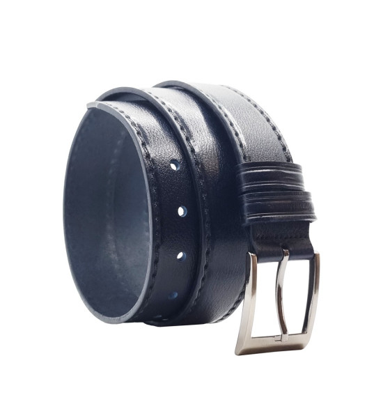 ALC Collection Klasik Lacivert Dikiş Desenli, 3,8 cm Gümüş Tokalı, Deri Kemer