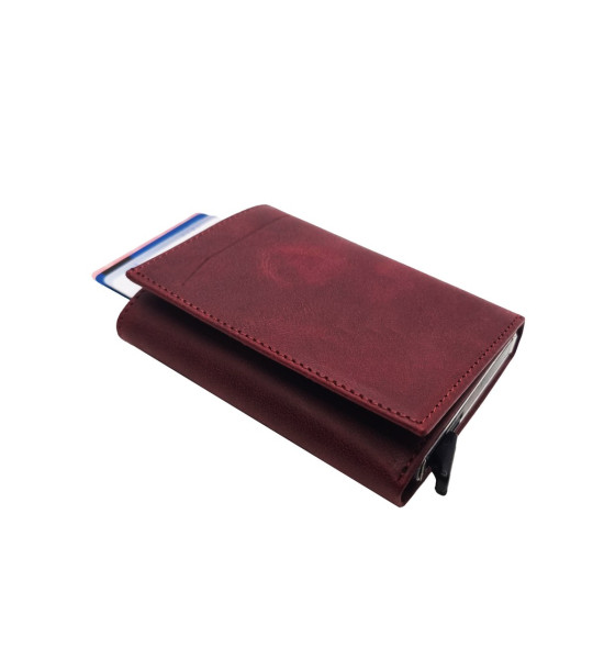 ALC Collection Hakiki Deri Otomatik Mekanizmalı Kartlık Cüzdan (Bordo) (Crazy)