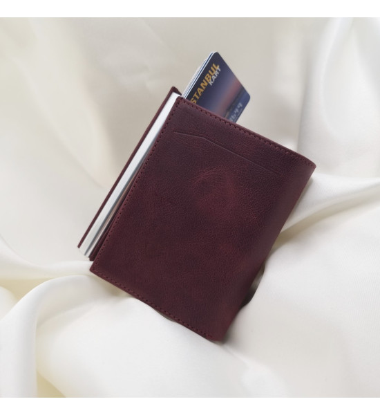 ALC Collection Hakiki Deri Otomatik Mekanizmalı Kartlık Cüzdan (Bordo) (Crazy)