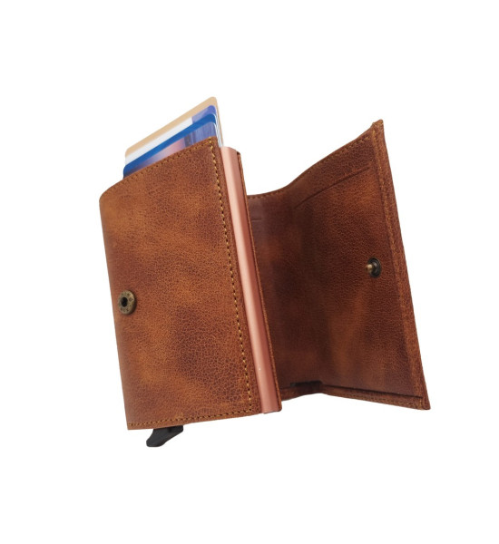 ALC Collection Hakiki Deri Otomatik Mekanizmalı Kartlık Cüzdan (Fındık Kahve) (Crazy)