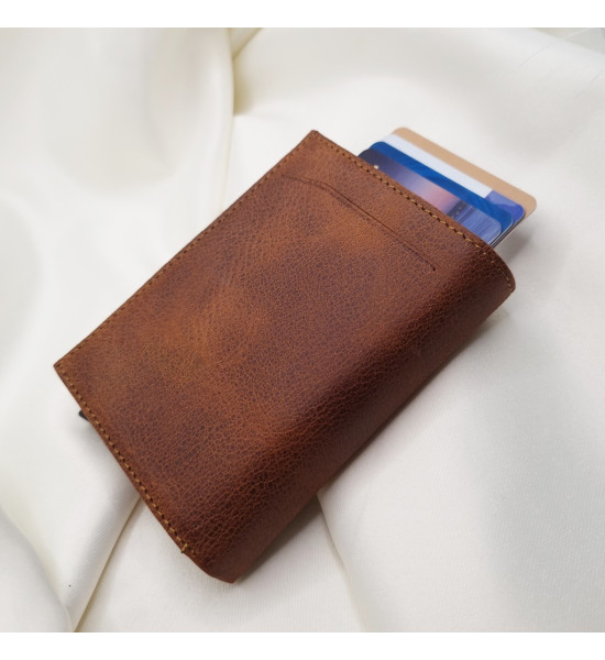 ALC Collection Hakiki Deri Otomatik Mekanizmalı Kartlık Cüzdan (Fındık Kahve) (Crazy)